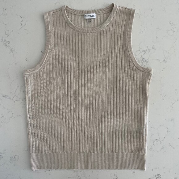 Calvin Klein Neutral Slvless Crew Neck Acrylic Ribbed Knit Top Taupe/Cream Sz S - Picture 1 of 9